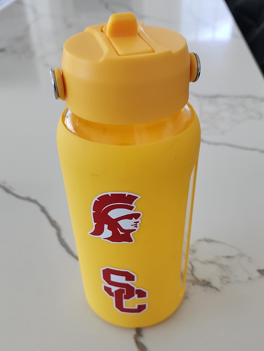 Yellow Sports Water Bottle with Red Trojan Decals